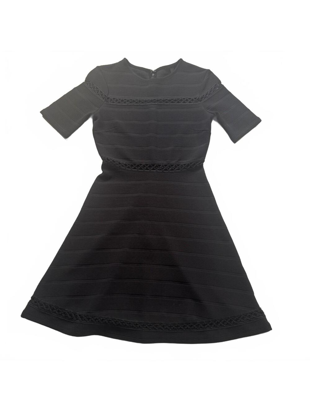 Topshop Dress US 4 Black Ribbed Ottoman Knit Open Lace Trim Fit Flare Mini Party